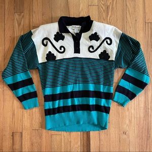 Vintage CG Designs Collared Wool Blend Sweater | Black, White, Teal | Size S-M